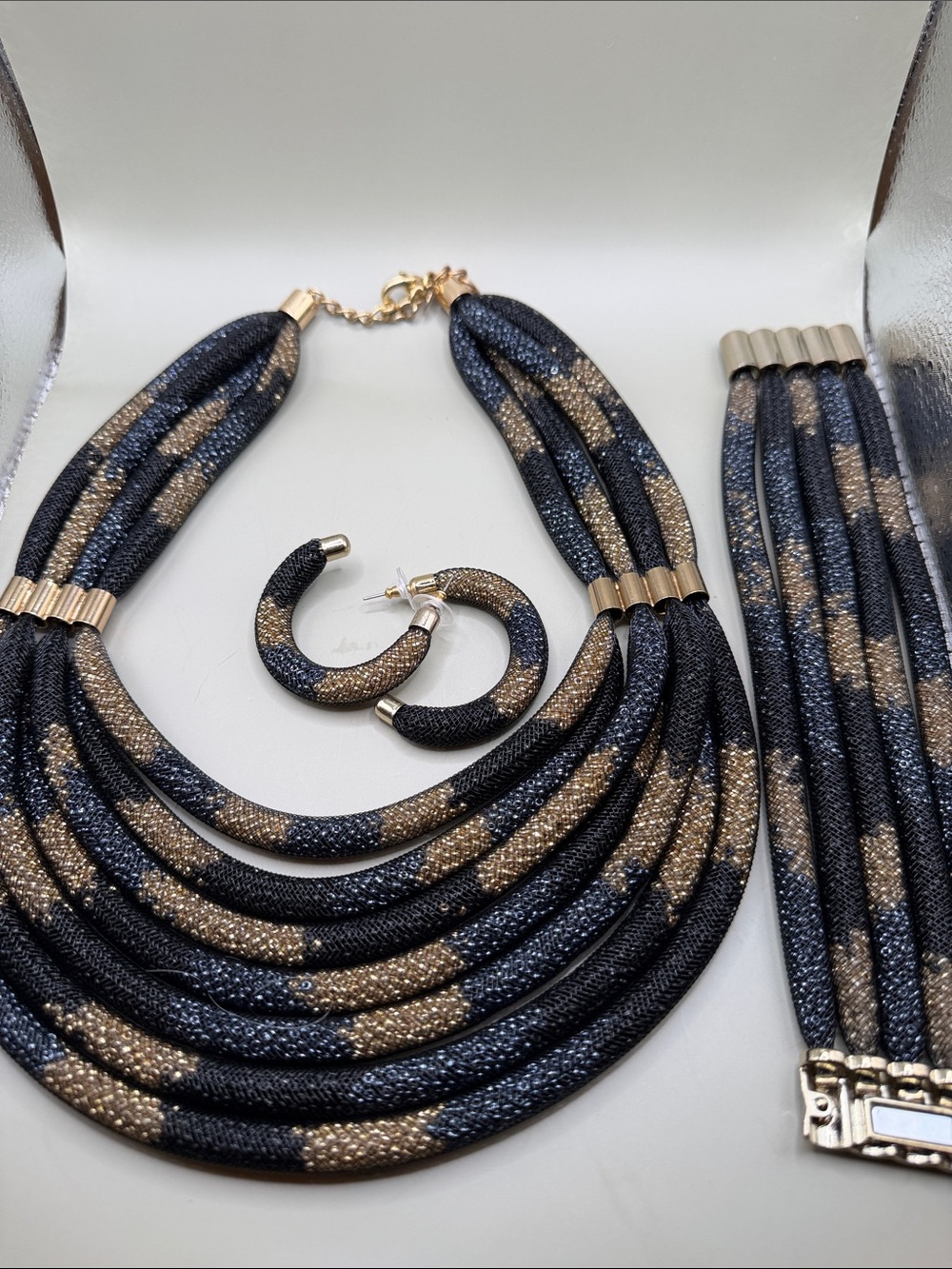 Chico's "Tansy" Set Navy and Gold Layered Rope Necklace, Bracelet and Earrings